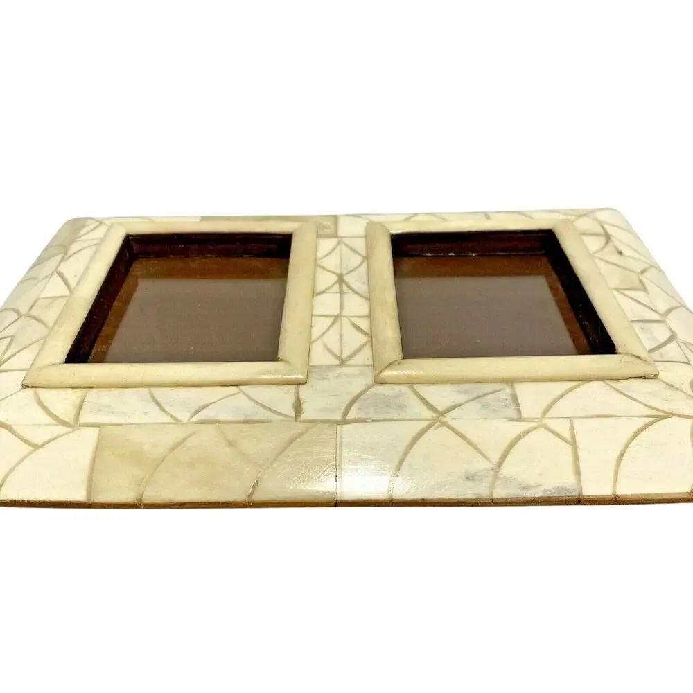 Unique double photo frame wood & stone two pictures standing table top holder